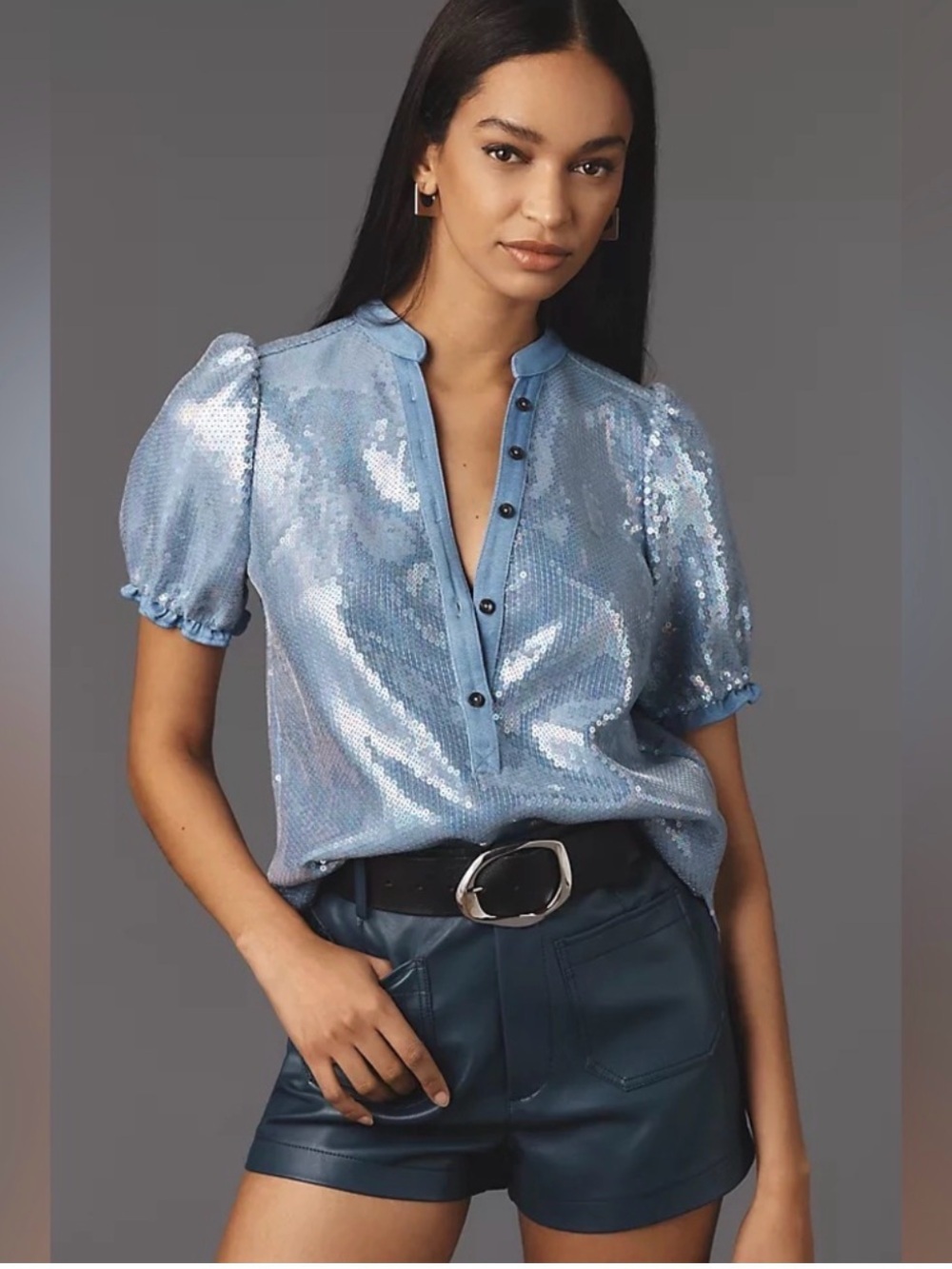 Pilcro Aly Puff Sleeve Sequin Button Up Top Size L